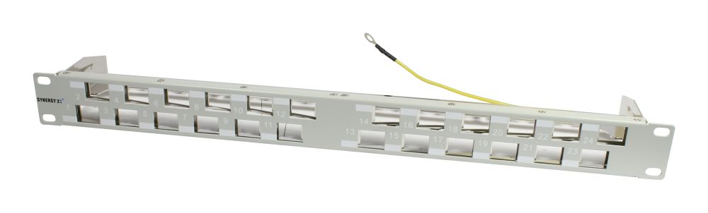 Keystone, Modulträger, 19"Patchpanel für 24xTP-Modul,  1HE(t 96mm) 45Grad Schrägauslass, Lichtgrau, Synergy 21,